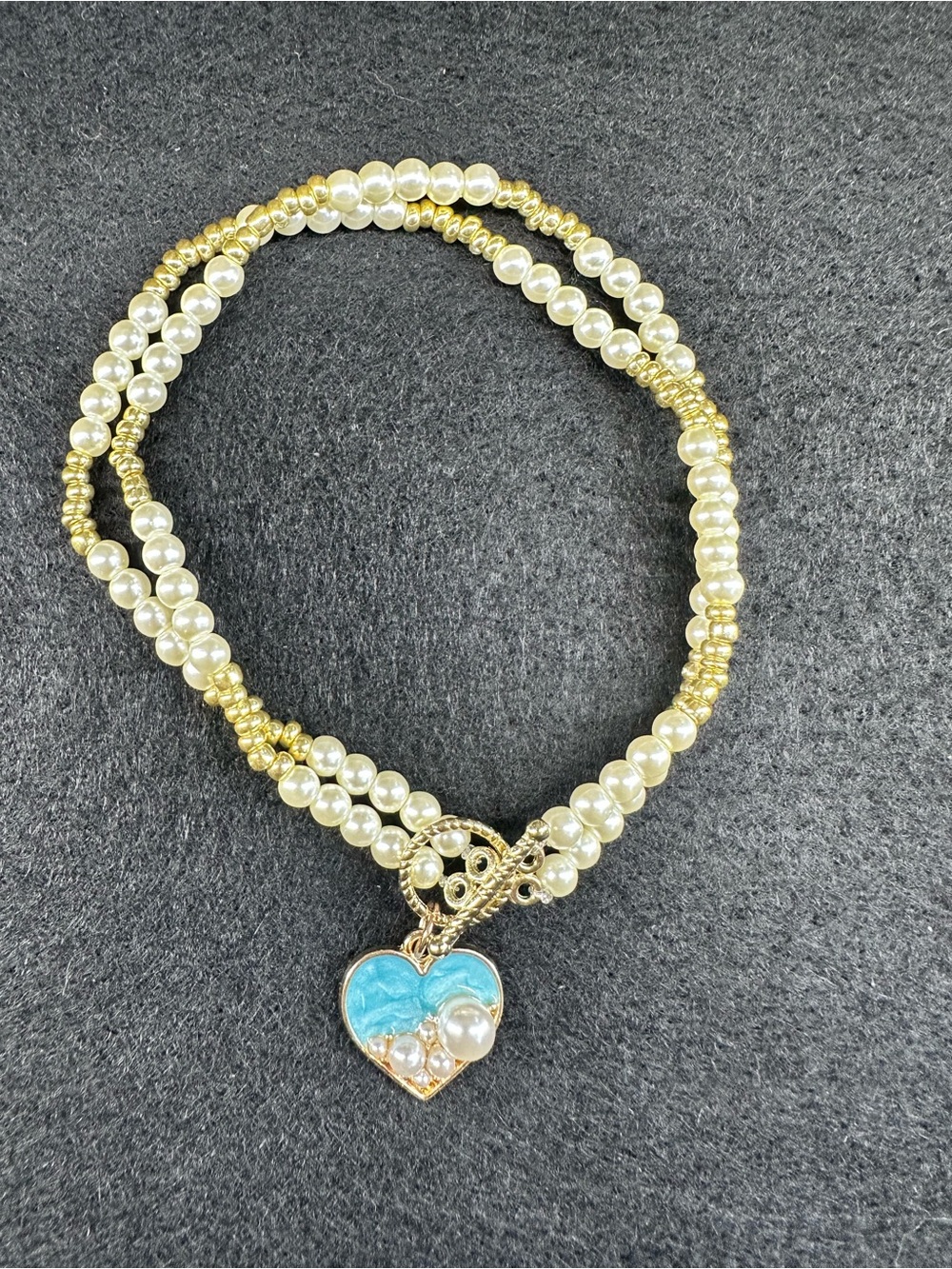 Pearl & Gold Double Strand Heart Charm Bracelet
